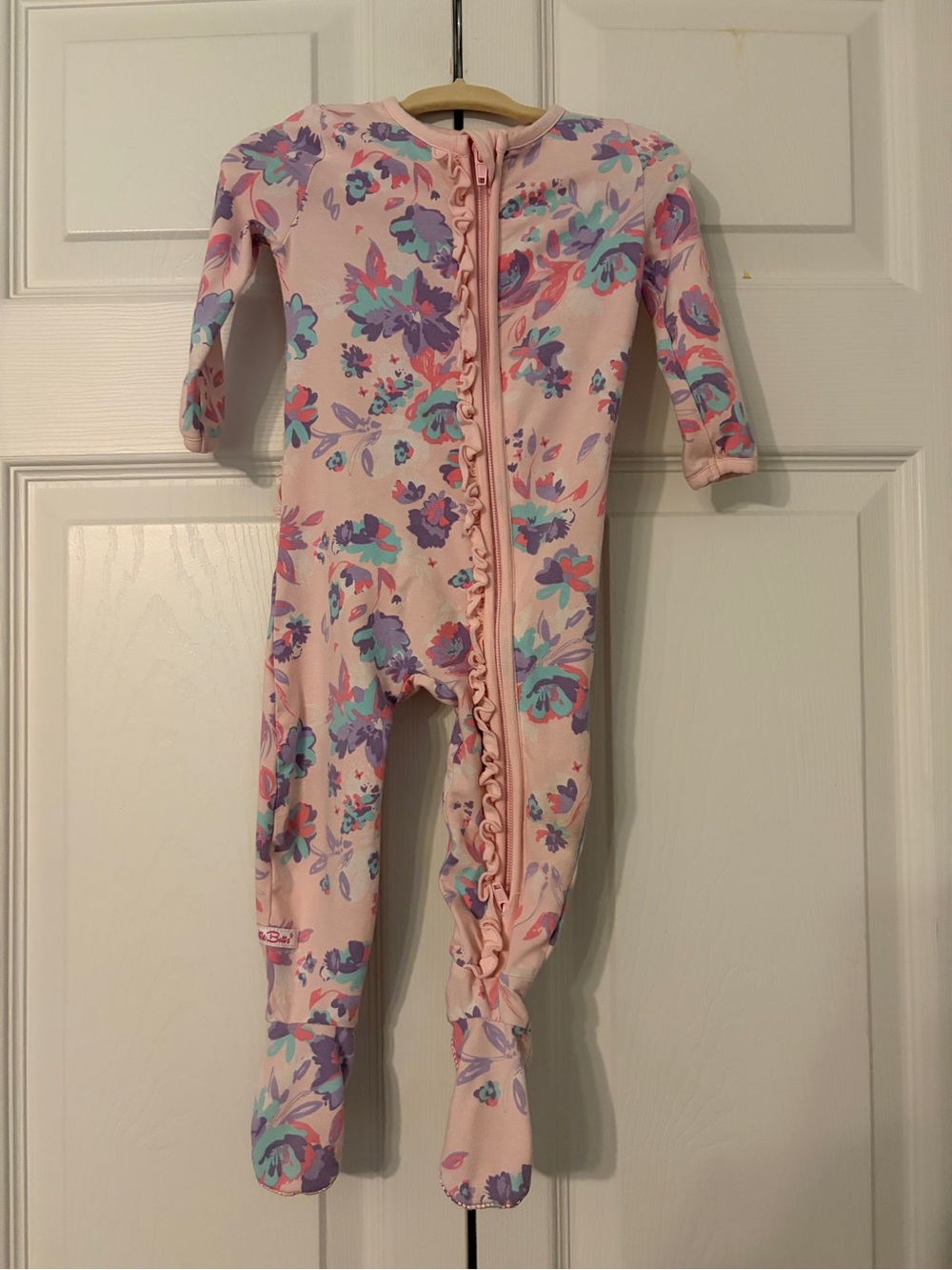 Ruffle Butts Pink Floral Kids One-Piece Pajamas with Front Ruffle Zip 6-12 M